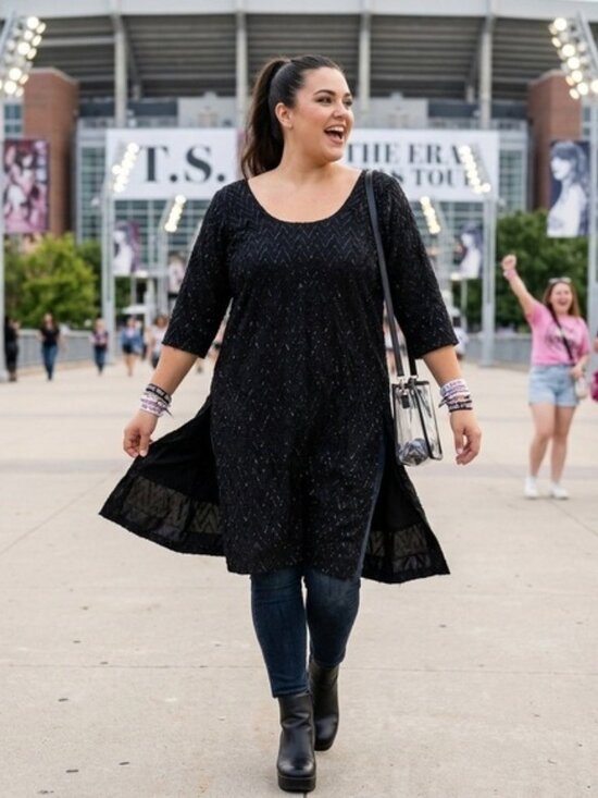 Tops - Handmade Black Glitter Chevron  Dress Elbow Sleeve Side Split Eras Tour Concert